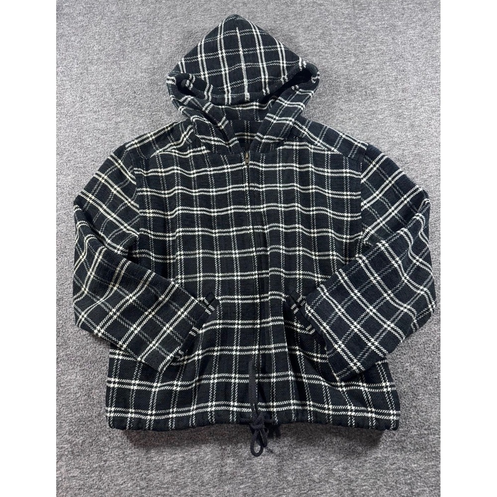 Carole Little Sport Vintage Plaid Zip Up Hoodie Black White Windowpane Knit